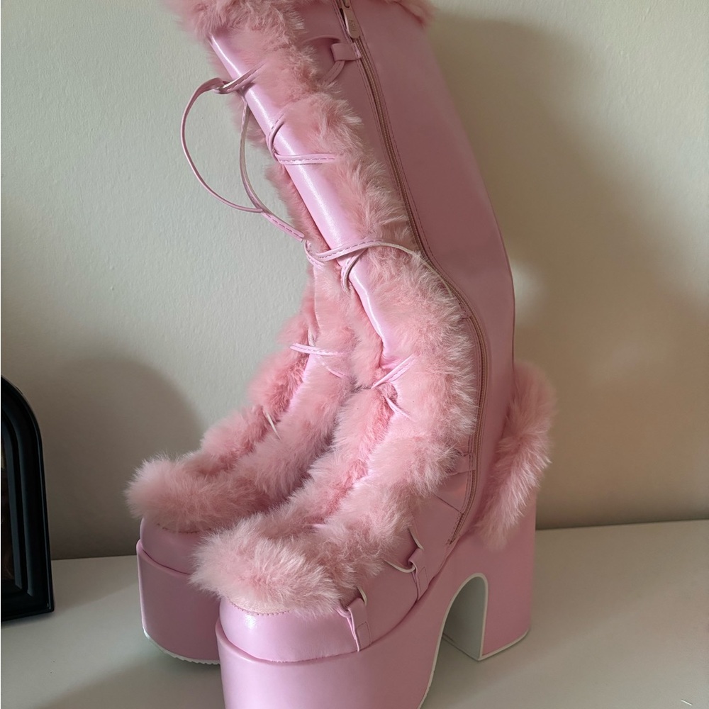 Pink Faux Fur Platform Boots